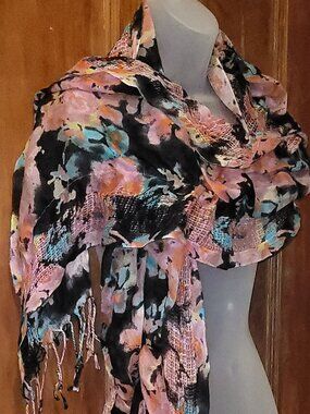 Floral black and pink lightweight fringe scarf